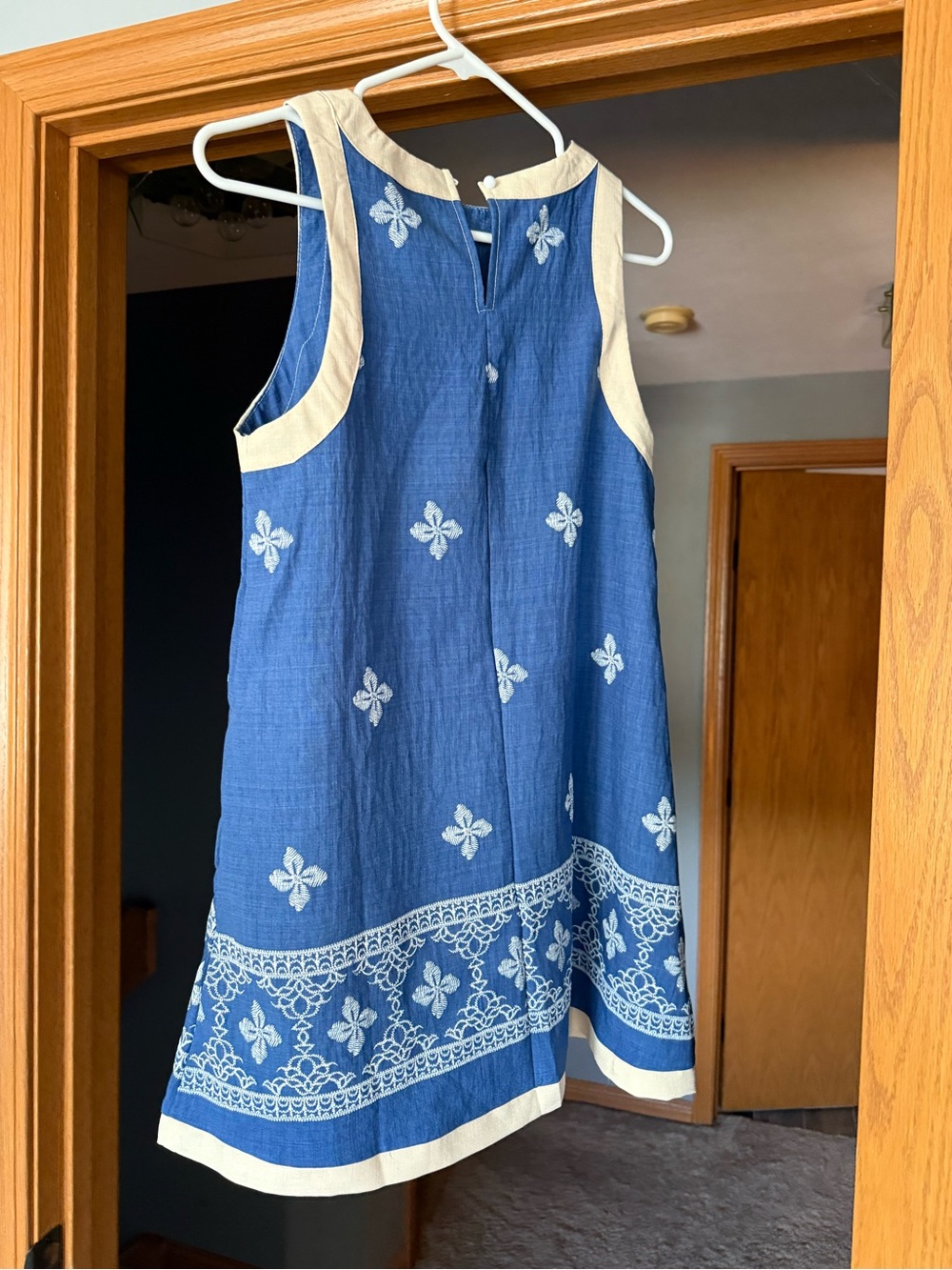 Blue Embroidered Sleeveless Shift Dress with Ivory Trim - Picture 2 of 3